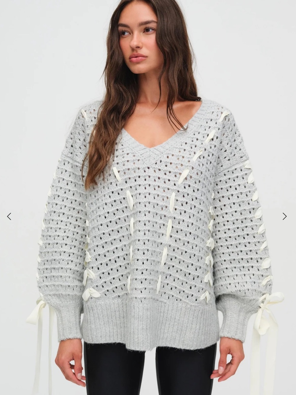 For Love And Lemons Gray V-Neck Sweater with Ribbon Details, Size Small, EUC